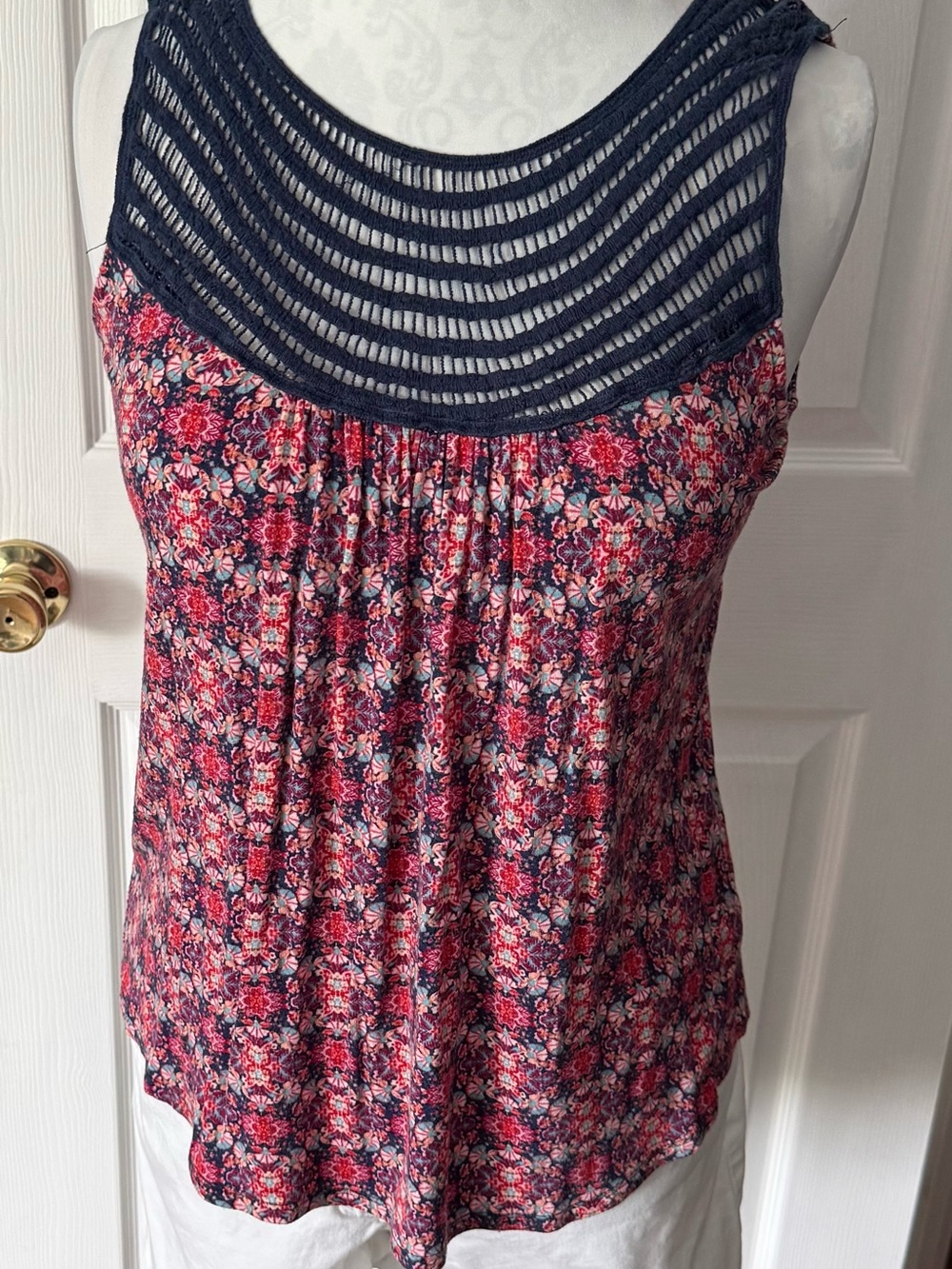 Loveappella Navy Crochet Yoke Pink Floral Tank Top
